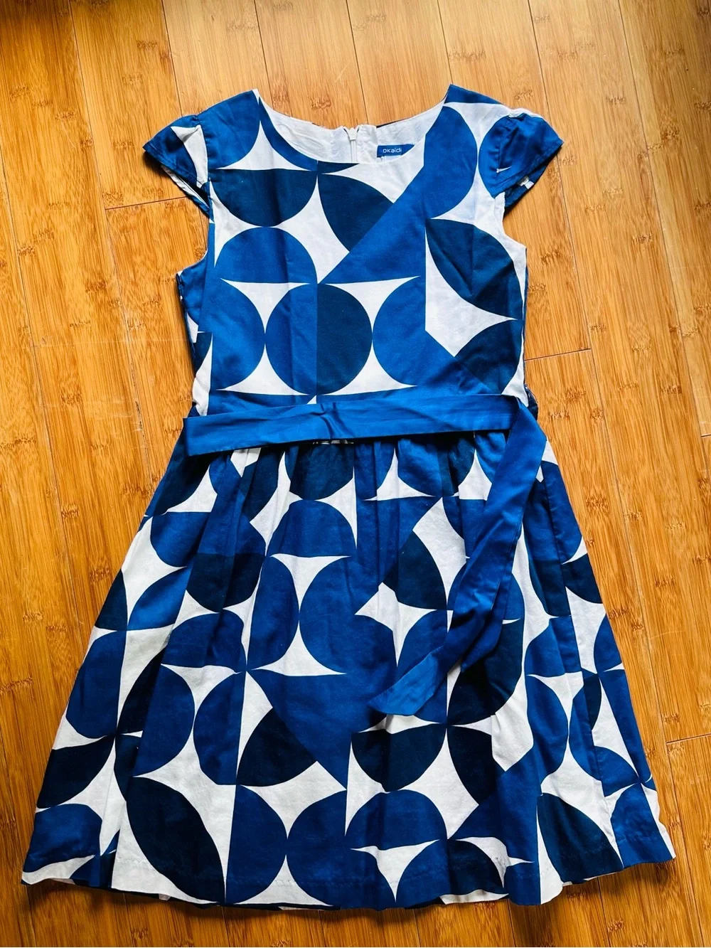 Okaidi dress. Blue graphic. 100% cotton